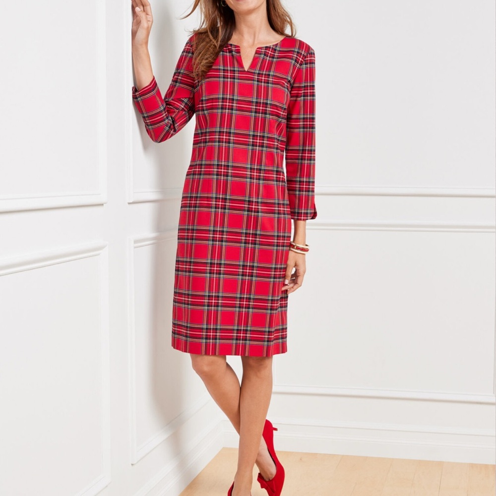 Talbots Red Plaid Long-Sleeve Shift Dress